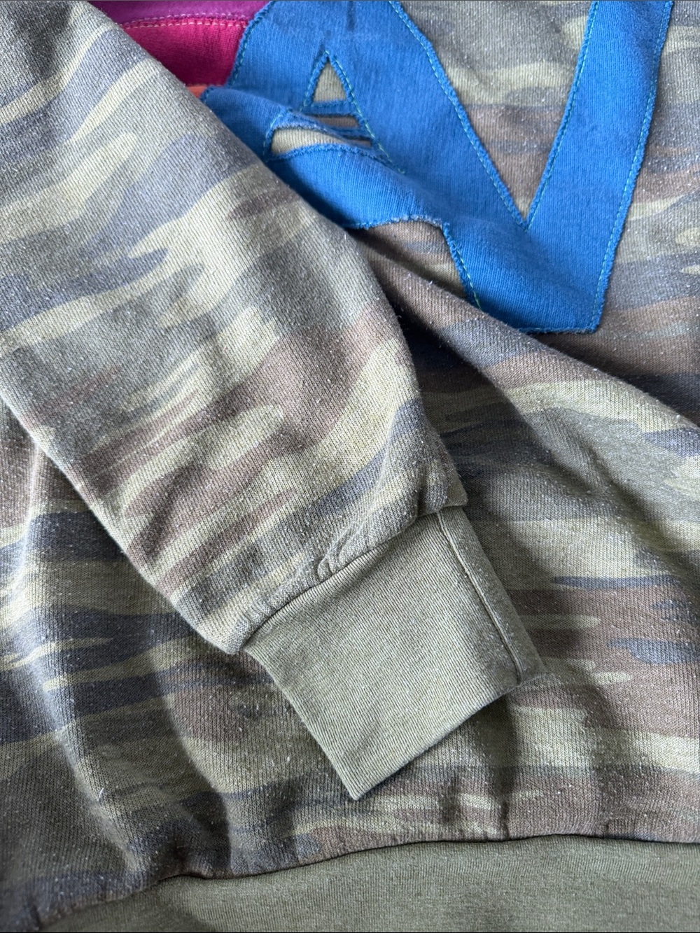 Aviator Nation Green Camo Crewneck with Blue AV and Rainbow Stripes - Picture 3 of 4